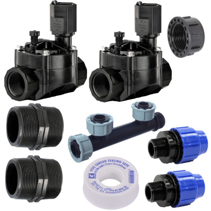 Rain Bird Irrigation Sprinkler Manifold & HV Solenoid Valves – 2 Zone. An irrigation manifold with fittings complete with 2 best-selling Rain Bird Solenoid Valves.