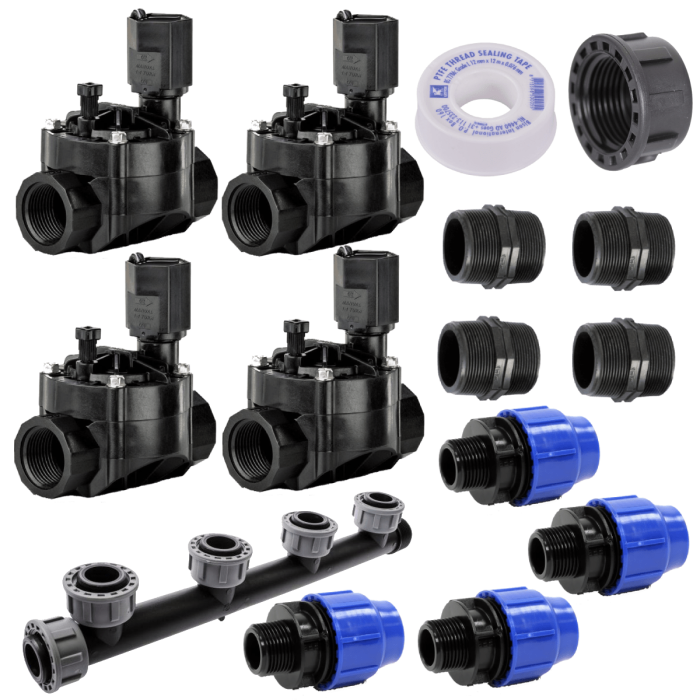 Rain Bird Irrigation Sprinkler Manifold with HV Solenoid Valves – 4 Zone. A complete kit with everything you need to build a sprinkler valve manifold.