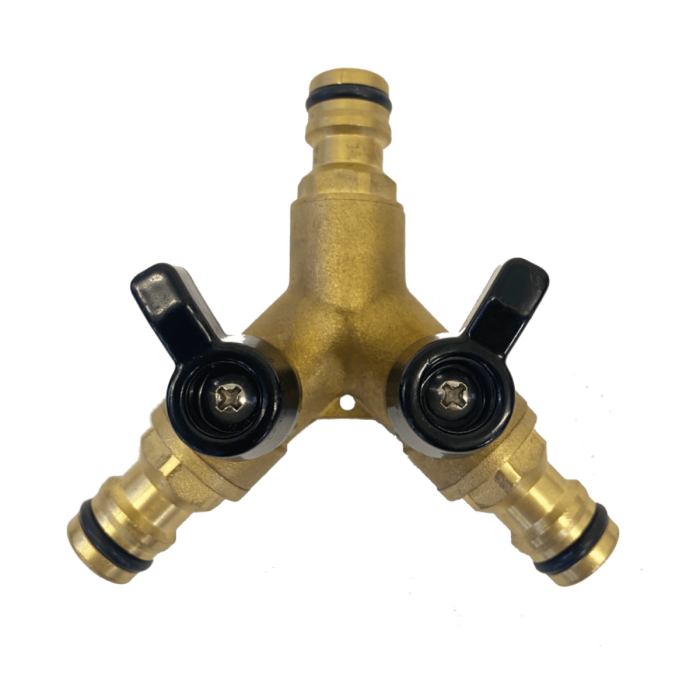 HydroSure Brass Quick Click Triple Male Joiner with Valve Control. A 2-way y splitter with flow control valves.  