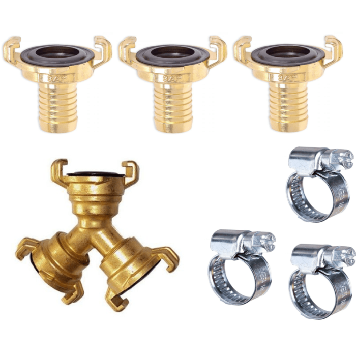 HydroSure Brass Claw Lock 3 Way Hose Pipe Splitter 19mm. Everything you need to connect 19mm hose pipes to the tap or watering accessory.