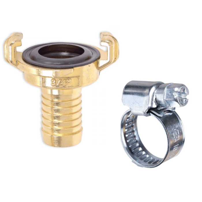 HydroSure Brass Claw Lock Hose Tail 19mm and Hose Clip. A rust & weather resistant brass quick fit fitting for heavy-duty & durable performance.