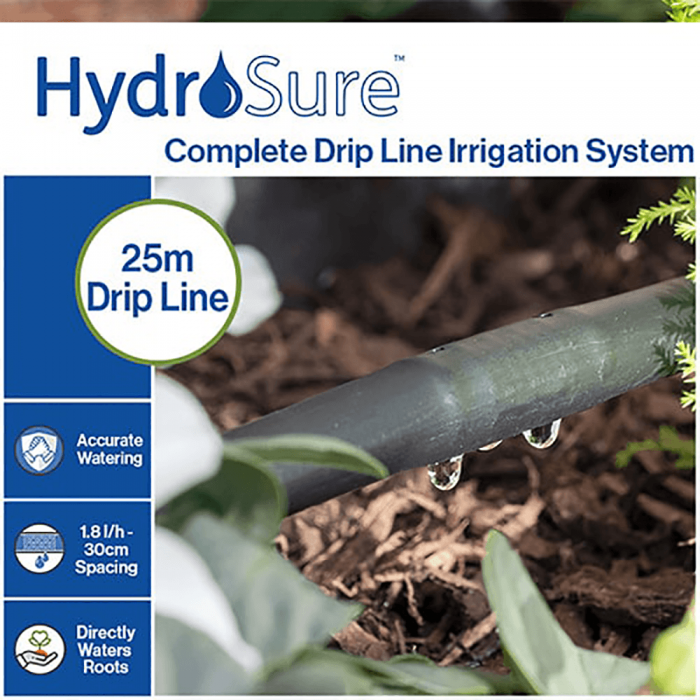 HydroSure Complete 25m Drip Line Irrigation System. A garden watering kit complete with pressure compensating drip line ideal for watering sloped areas.