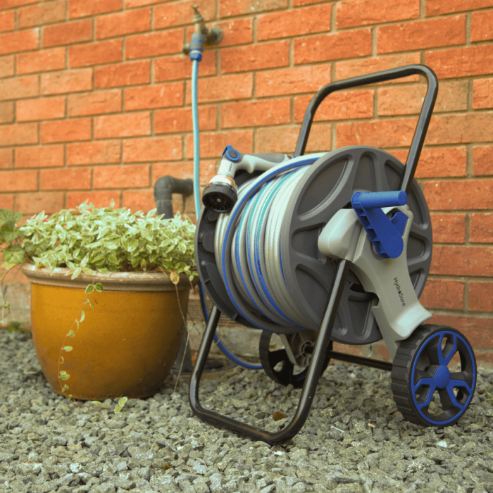 HydroSure Hose Reel Cart with 40m Hose - Blue. Simply attach this HydroSure hose reel to your tap & you are ready to water your garden. Shop Now at WaterIrrigation.co.uk