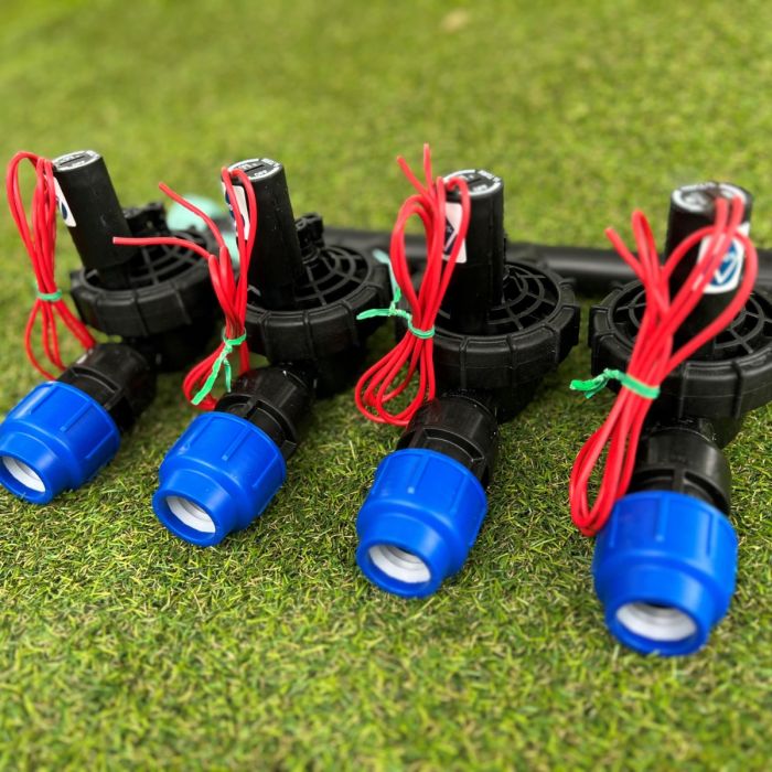 Hunter Irrigation Sprinkler Manifold with PGV Solenoid Valves – 4 Zone. An irrigation valve manifold idea for installation in a valve box or mounted next to the irrigation controller.