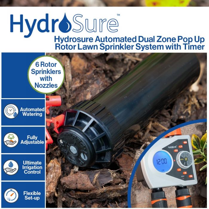 HydroSure Automated Dual Zone - Pop Up Rotor Lawn Sprinkler System with Timer. Flexible set-up & fully adjustable.