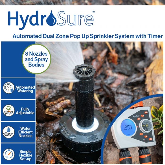 HydroSure Automated Dual Zone - Pop Up Sprinkler System with Timer. A simple to set up lawn watering system complete with a timer.