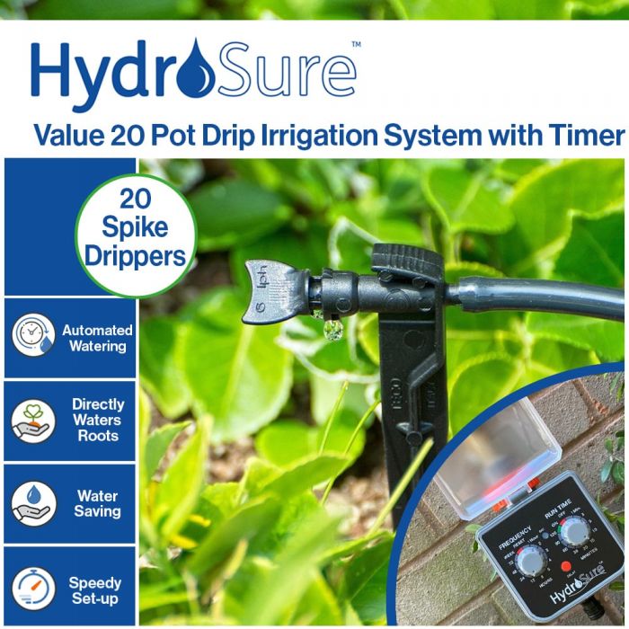 HydroSure Automated Value 20 Pot Drip Irrigation System with Timer. Complete with components to help you build a garden watering system tailored to your layout.