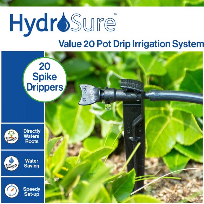 HydroSure Value 20 Pot Drip Irrigation System. Keep your garden watered whilst using up to 90% less water that conventional watering methods.