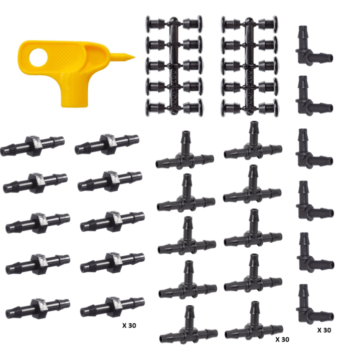 HydroSure Essential 4mm Barbed Micro Mixed Fittings Pack - Large. Arrives complete with tee and elbow connectors, joiners, goof plugs & a multi-tool.