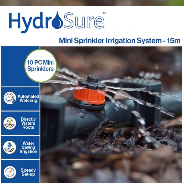 HydroSure Complete Mini Sprinkler Irrigation System - 15m. Ideal for watering large containers, raised beds, vegetable & flower beds.