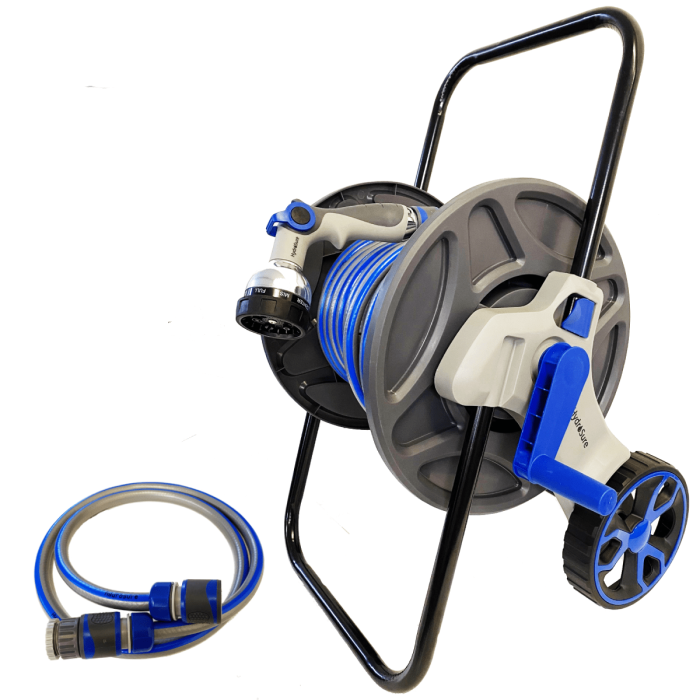 HydroSure Hose Reel Cart with 25m Hose - Blue. Arrives pre-assembled with a garden hose & fittings for a ready-to-use garden watering solution.