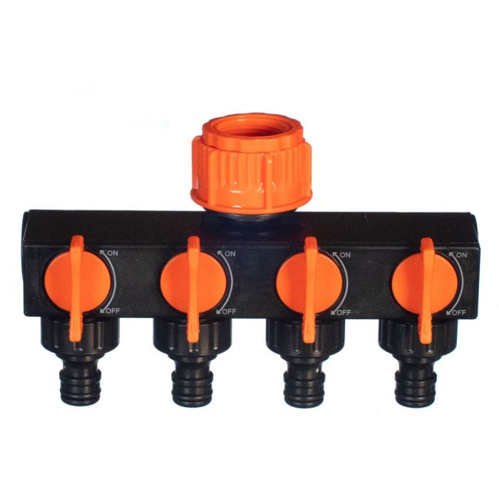 HydroSure 4 Outlet Water Distributor. Compatible with water timers a 4-way tap splitter with built-in valves.