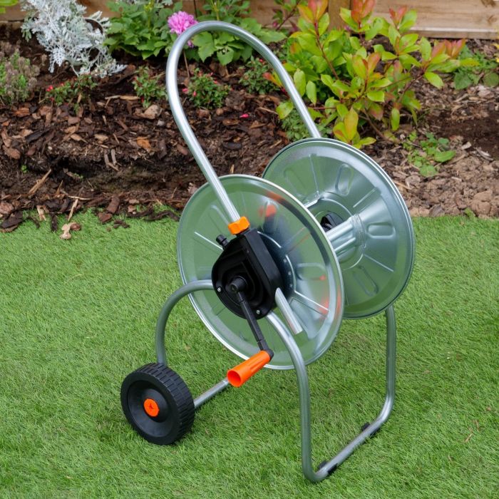 HydroSure 50M Space-Saving Hose Reel Cart features a collapsible handle for compact storage.
