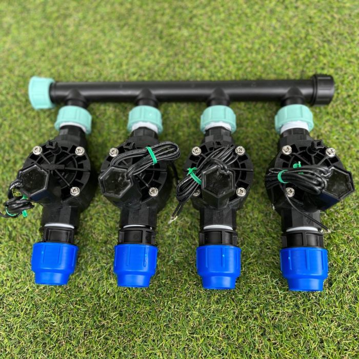 Rain Bird Irrigation Sprinkler Manifold with HV Solenoid Valves – 4 Zone. Install in a valve box or mounted on the wall next to the irrigation controller.