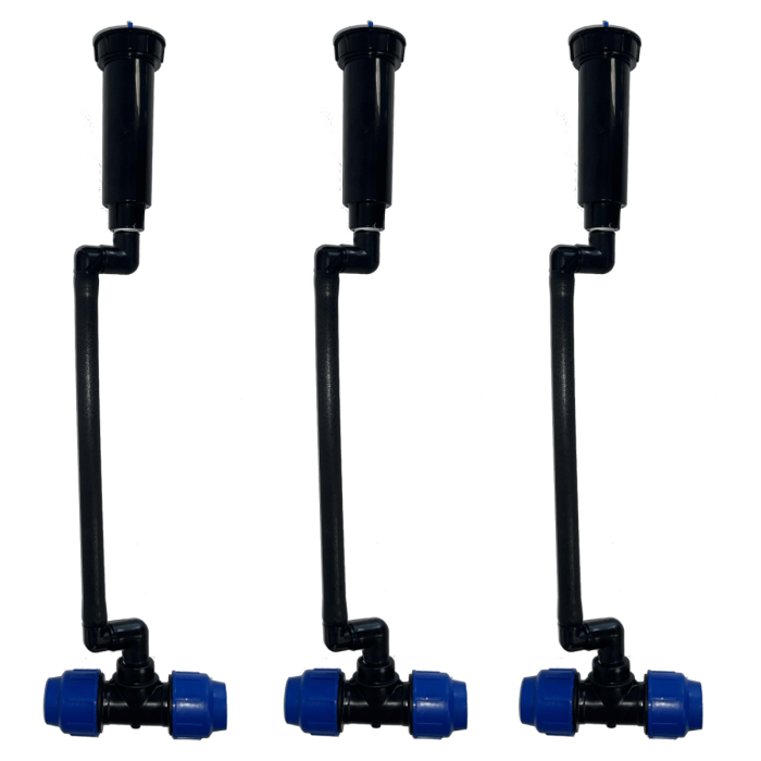 Pack of 3 HydroSure Pre-Assembled Sprinkler Spray Heads, Pipes and Fittings. Complete with built-in pressure regulation factory set to 2.8 bar.