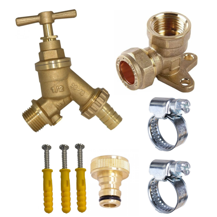 HydroSure Brass Bib Tap Outside Tap Kit – ½” Inlet – ¾” Outlet. Features a removable hose tail & brass tap connector.