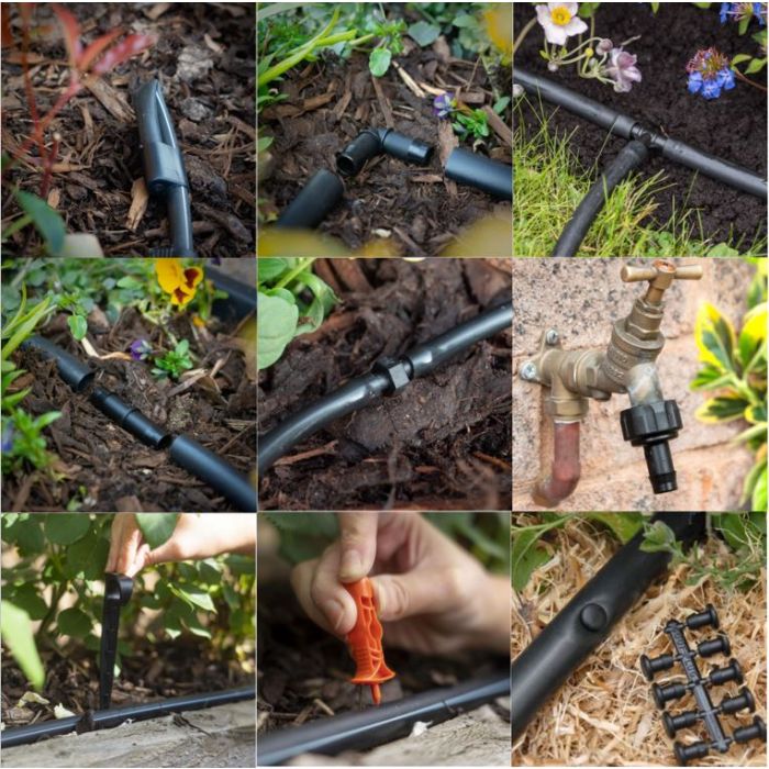 HydroSure Ultimate 75 Pot Drip Irrigation System. Arrives complete with irrigation connectors, hole punch, tap connectors and pipe stakes to help you build a garden watering system perfect for your plants.