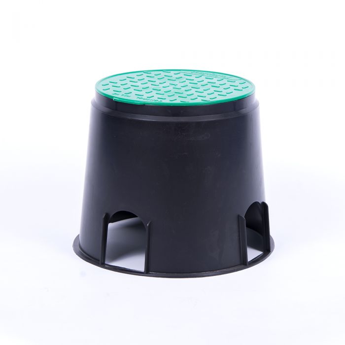 HydroSure Circular Valve Box - 10". Arrives complete with 4 pre-cut holes to accommodate a pipe up to 63mm in diameter.