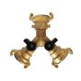 HydroSure Brass Claw Lock Y Branch Piece With Valves. A 3-way garden hose splitter compatible with claw lock hose tails.