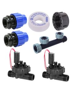 Hunter Irrigation Sprinkler Manifold with PGV Solenoid Valves – 2 Zone. Assemble your own irrigation manifold with solenoids. No need to shop around. Water Irrigation.