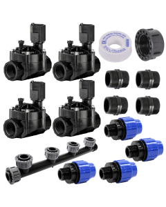 Rain Bird Irrigation Sprinkler Manifold with HV Solenoid Valves – 4 Zone. A complete kit with everything you need to build a sprinkler valve manifold.