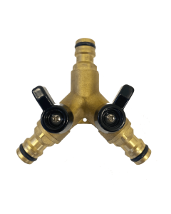 HydroSure Brass Quick Click Triple Male Joiner with Valve Control. A 2-way y splitter with flow control valves.  