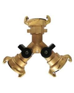 HydroSure Brass Claw Lock Y Branch Piece With Valves. A 3-way garden hose splitter compatible with claw lock hose tails.
