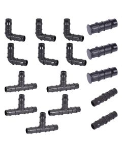 HydroSure 18mm Double Barbed Fittings Pack - Small. 18mm Drip irrigation fittings including tees, end plugs, elbows and joiners.