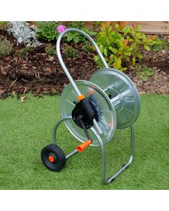 HydroSure 50M Space-Saving Hose Reel Cart features a collapsible handle for compact storage.